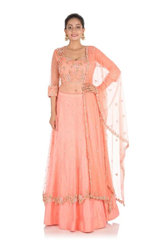 Hand Embroidered Ceramic Peach Jacket Lehenga Set