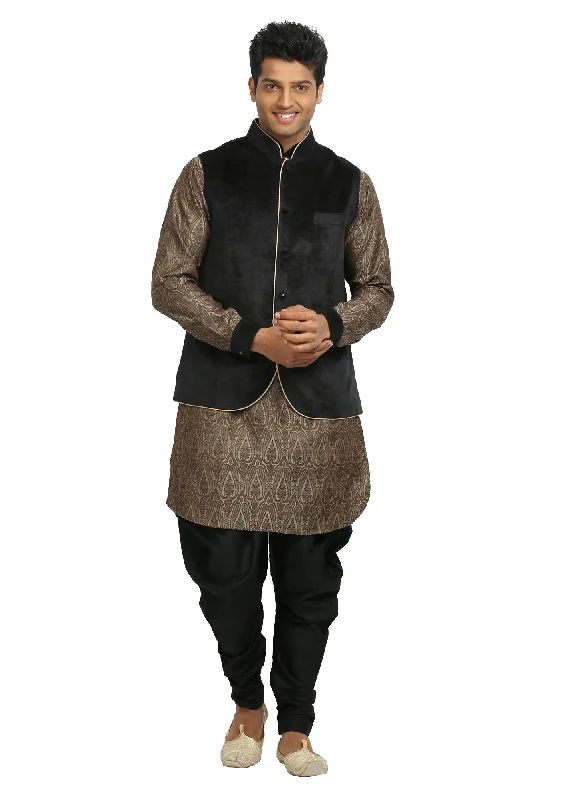 Men's Sandstone & Black Wedding Kurta Pajama with Jacket