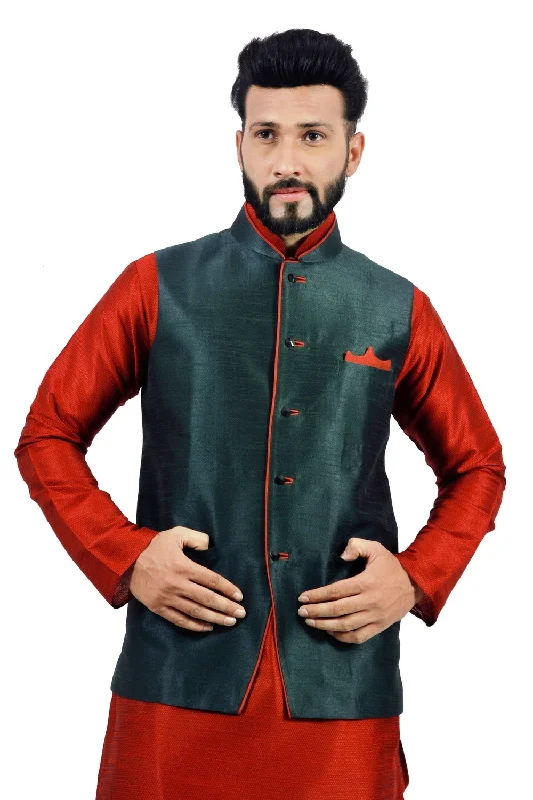 Saris and Things Dark Oak Leaf Nehru Jacket for Men